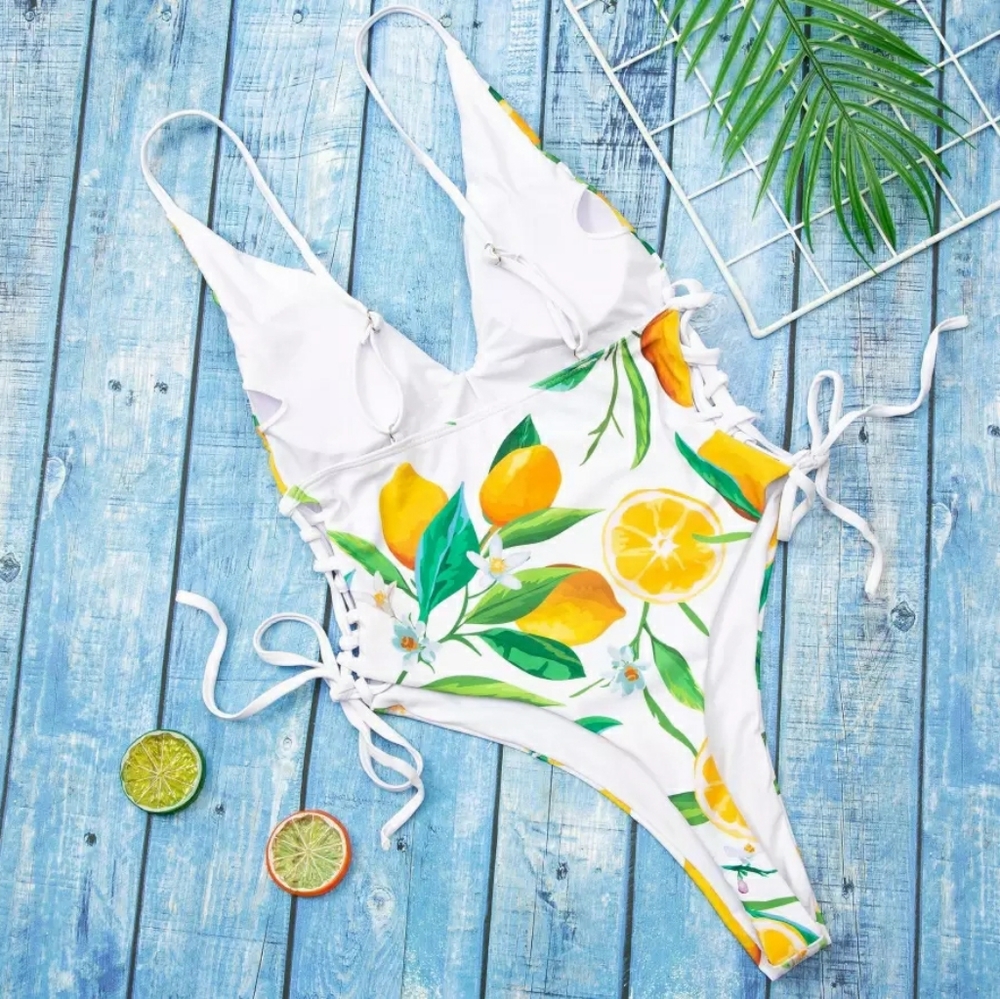 Lemon π Print Side Lace Thong Back One-piece Swim - Picture 5 of 8
